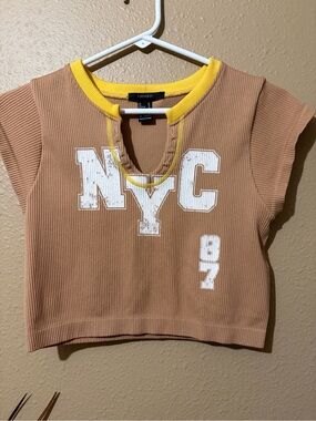 Forever 21 Tan Ribbed Crop Top with Yellow Trim